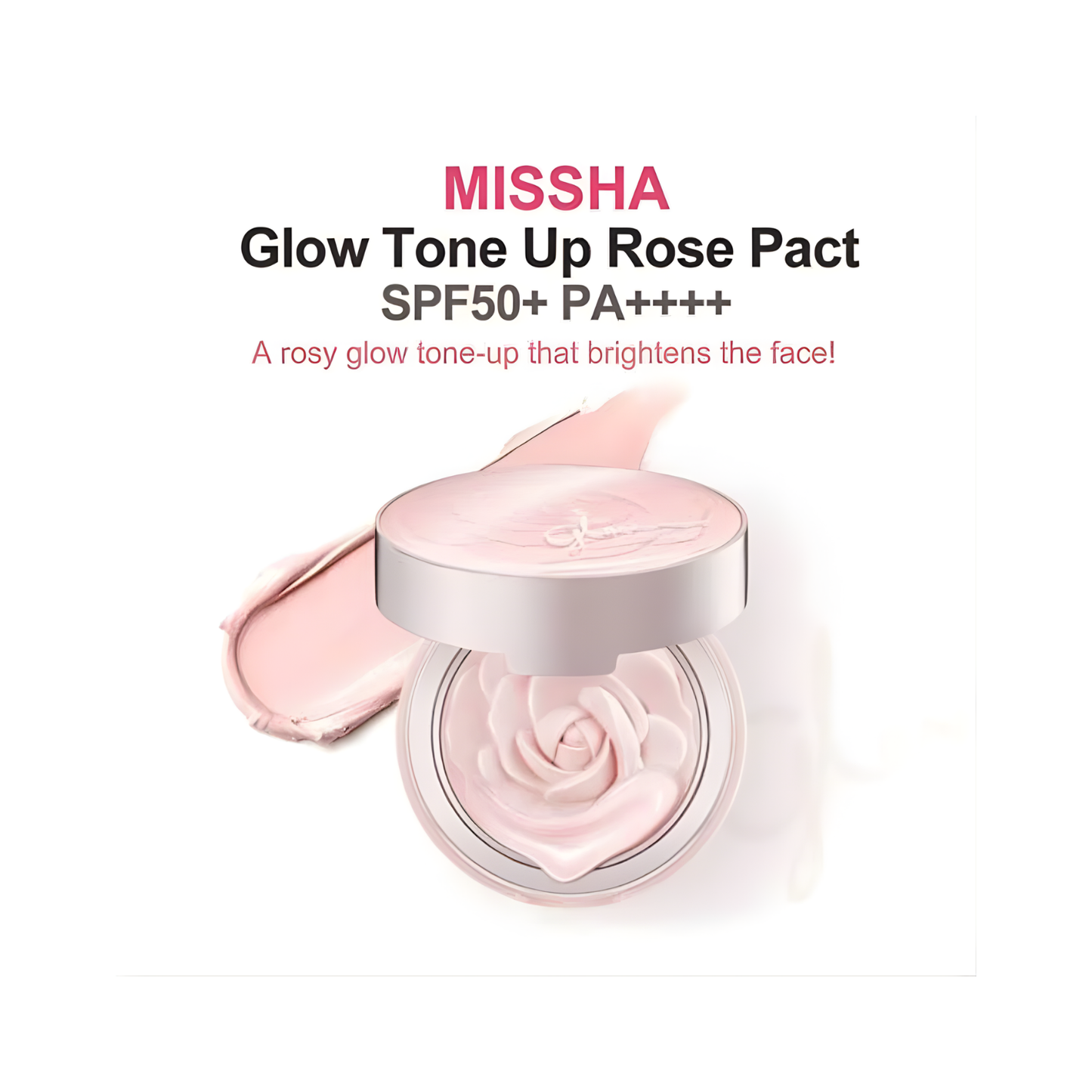 Missha Glow Tone Up Rose Pact, a tone-up cream with rose extract, shown in a compact case with a floral design.