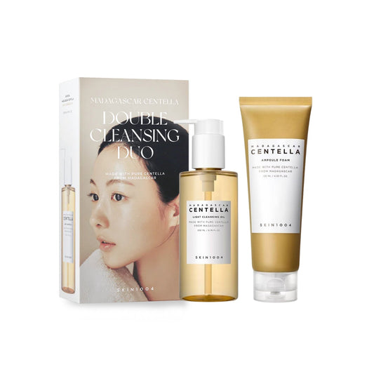 SKIN1004 Madagascar Centella Double Cleansing Duo with cleanser bottles and skincare packaging, ideal for effective skincare routines.