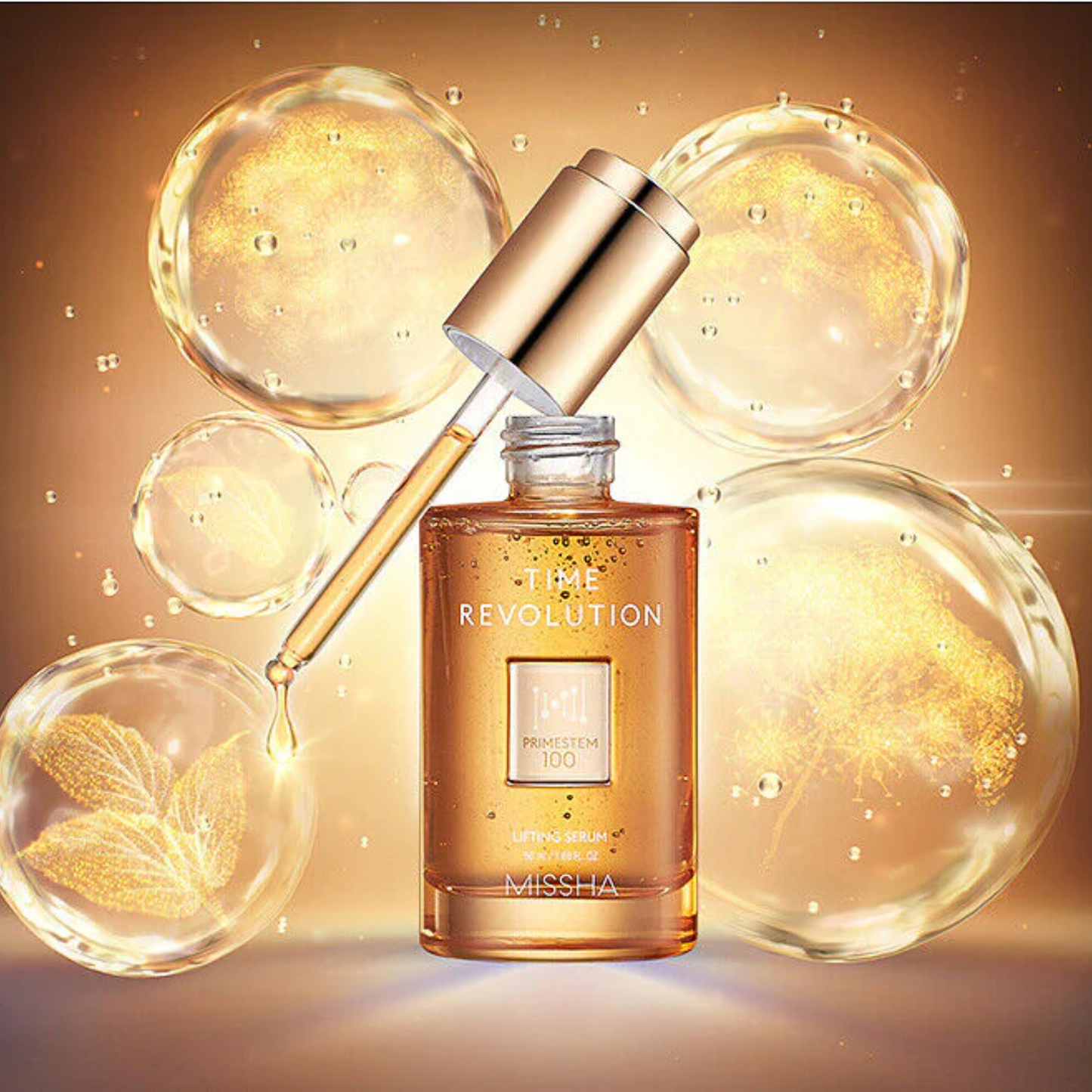 Missha Time Revolution Primestem 100 Lifting Serum 50ml bottle, featuring the product label and sleek packaging.