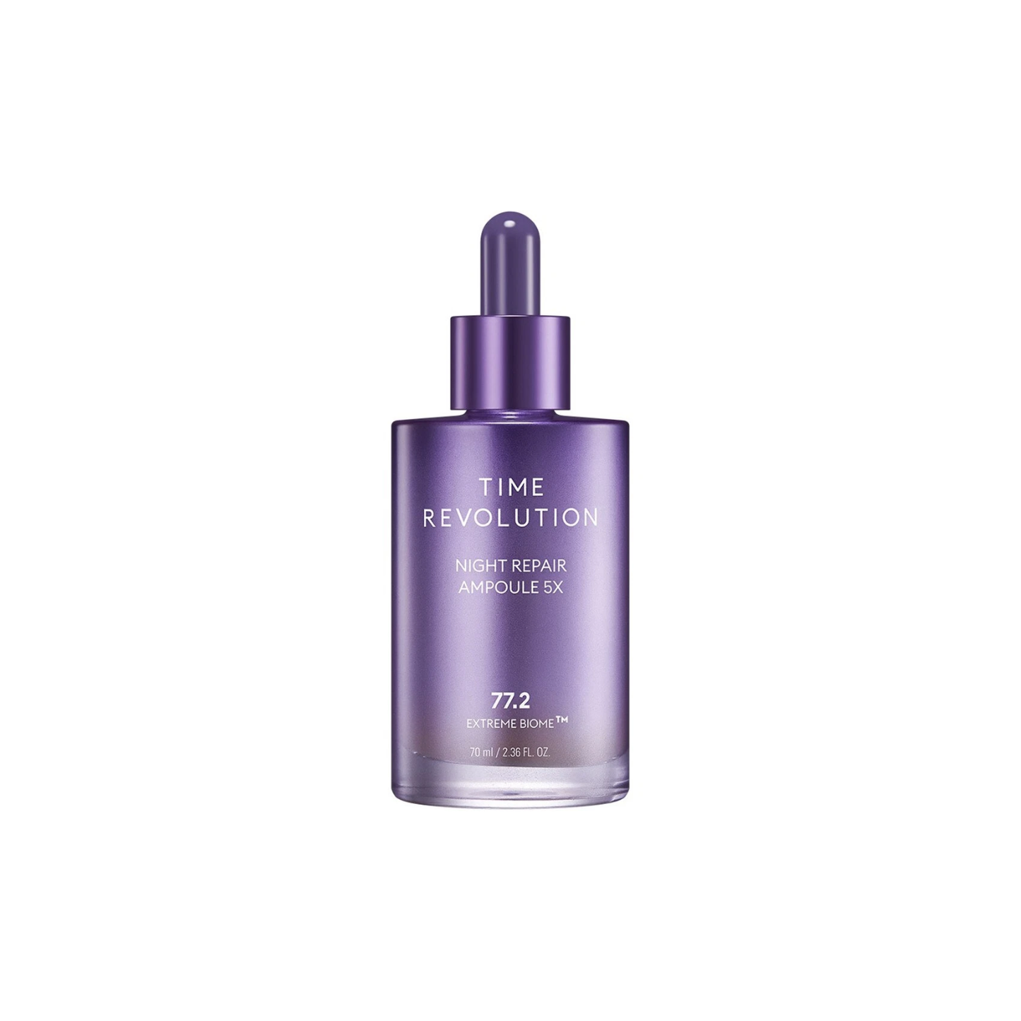 Missha Time Revolution Night Repair Ampoule 5X in a 70ml bottle, featuring sleek packaging and dropper applicator.