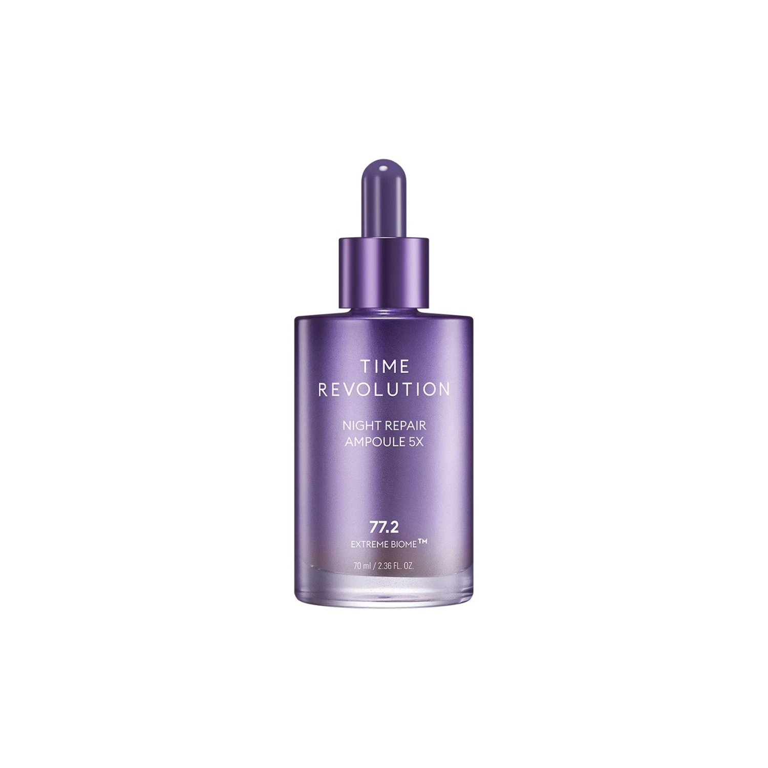 Missha Time Revolution Night Repair Ampoule 5X in a 70ml bottle, featuring sleek packaging and dropper applicator.