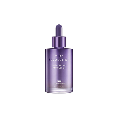 Missha Time Revolution Night Repair Ampoule 5X in a 70ml bottle, featuring sleek packaging and dropper applicator.