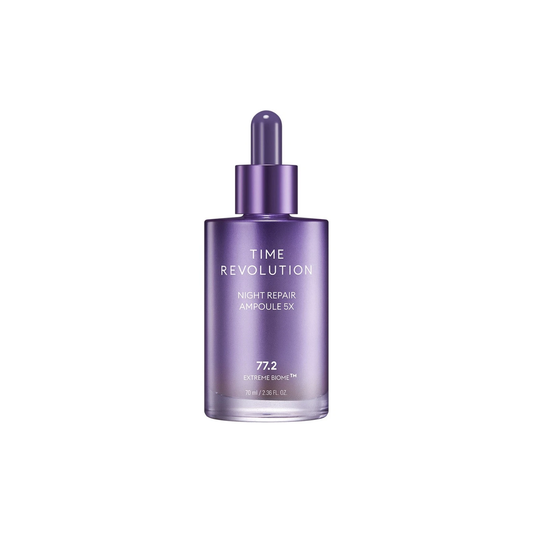 Missha Time Revolution Night Repair Ampoule 5X in a 70ml bottle, featuring sleek packaging and dropper applicator.