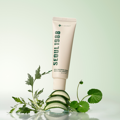 K-Secret Seoul 1988 Repair Cream face moisturizer with Niacica 10% and Mugwort, 50ml, showing the product jar and label.