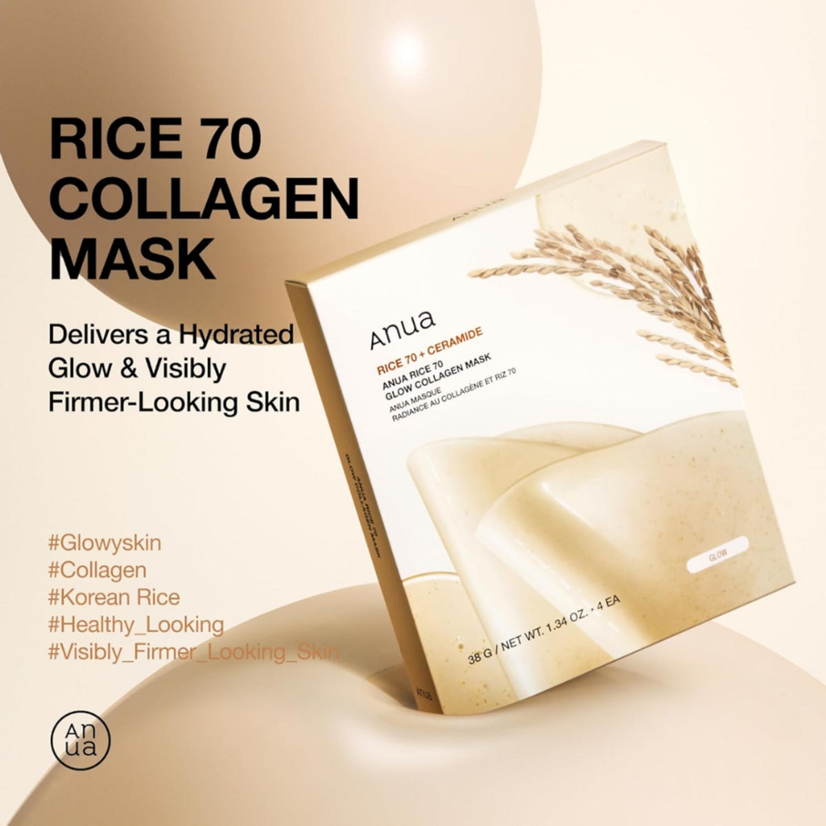 Anua Rice 70 Glow Collagen Mask 4Pcs - Bulk Buy K-Beauty in Australia