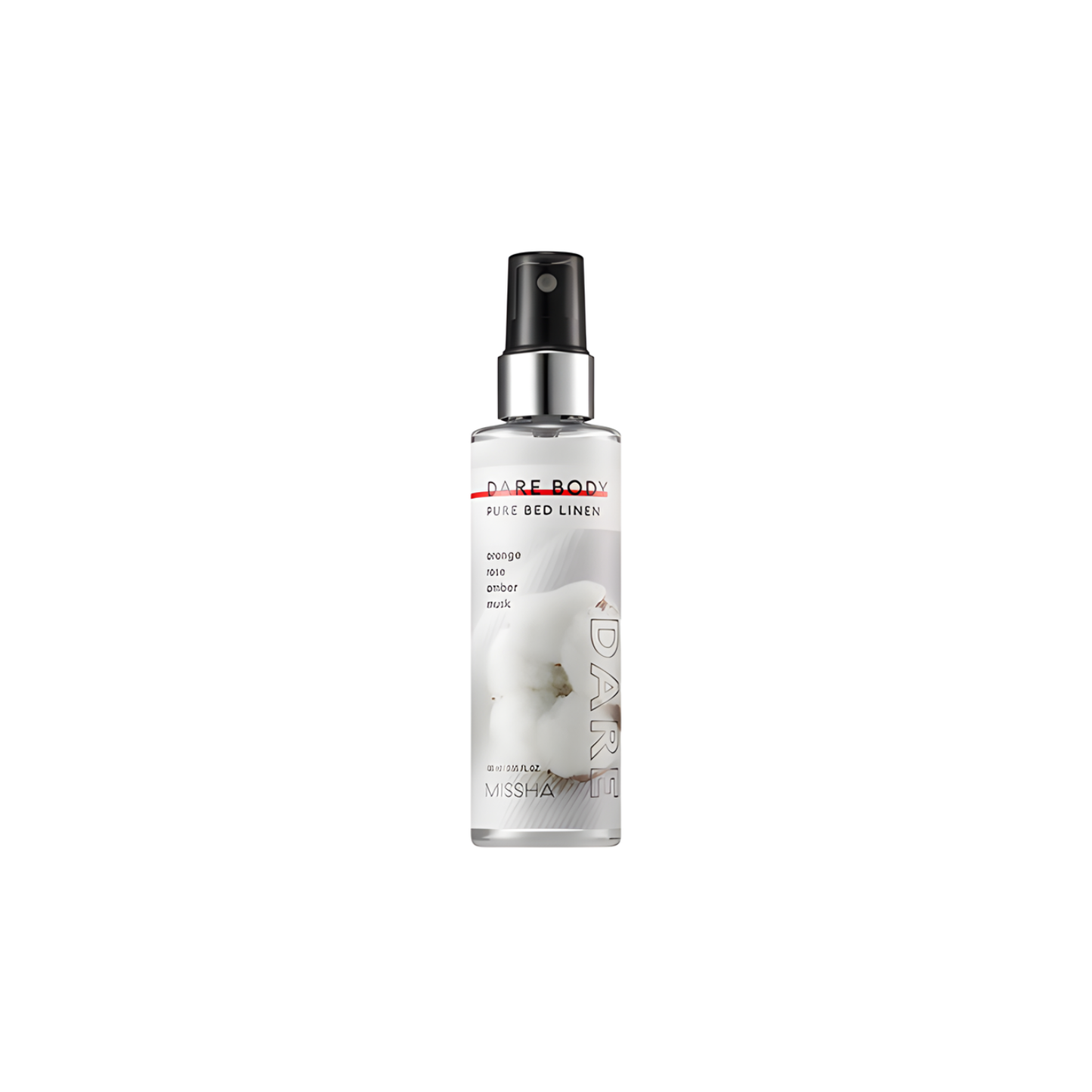 Missha Dare Body Mist Pure Bed Linen fragrance spray in 105ml, featuring a sleek bottle with a simple label design.