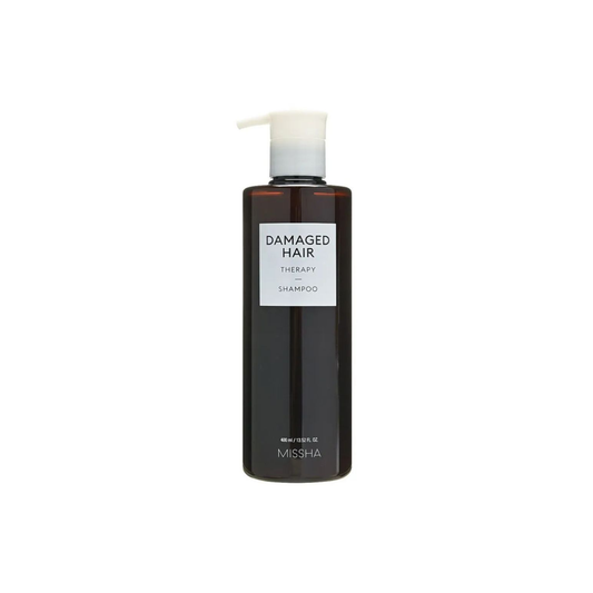 Missha Damaged Hair Therapy Shampoo 400ml bottle with white and purple packaging, shown from a side angle.