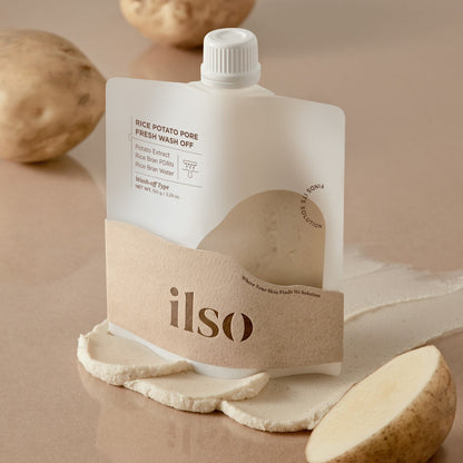 ILSO Rice Potato Pore Fresh Wash-Off Mask in 15g, showing the creamy mask with rice and potato extracts for pore cleansing.