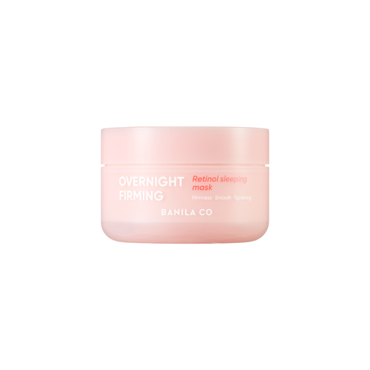Banila Co Firming Retinol Sleeping Mask in a 100ml jar, shown open with smooth, creamy mask inside, for skin firming and renewal.