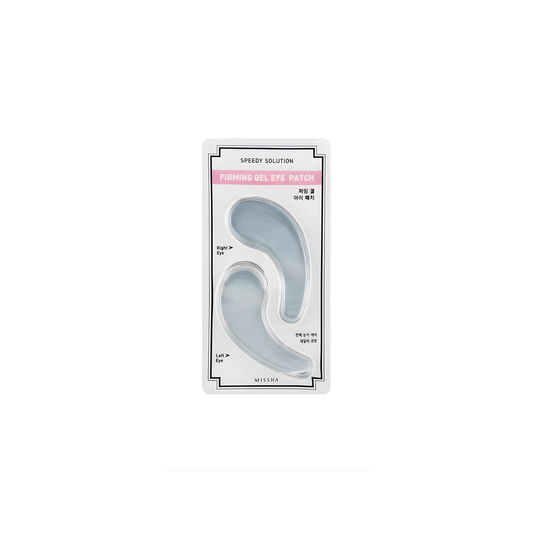 Missha Speedy Solution Firming Gel Eye Patch, 10g, showing the eye patch's soothing gel formula and packaging.
