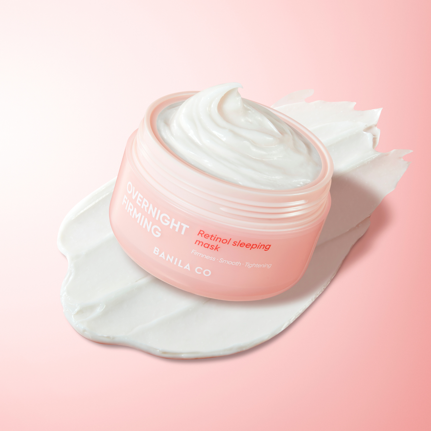 Banila Co firming retinol sleeping mask in 100ml jar, leave-on skincare product with smooth, creamy texture for overnight skin renewal.