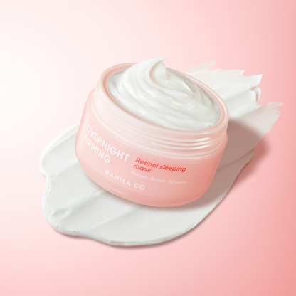 Banila Co firming retinol sleeping mask in 100ml jar, leave-on skincare product with smooth, creamy texture for overnight skin renewal.