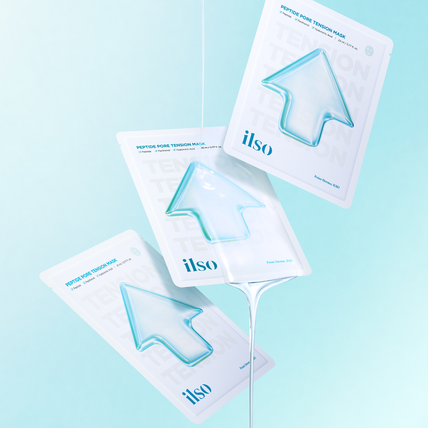 ILSO Peptide Pore Tension Mask sheet masks, 10-pack with close-up of individual foil-wrapped masks on a white background.
