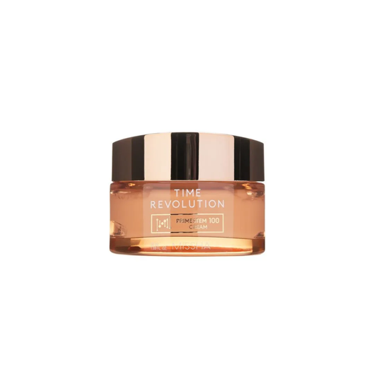 Missha Time Revolution Primestem 100 Cream 50ml face moisturizer jar showing creamy texture and elegant packaging.