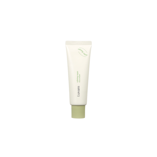 Luvum Calming Repair Cica Cream 50ml face moisturizer jar with a white and green label, designed for soothing and repairing skin.