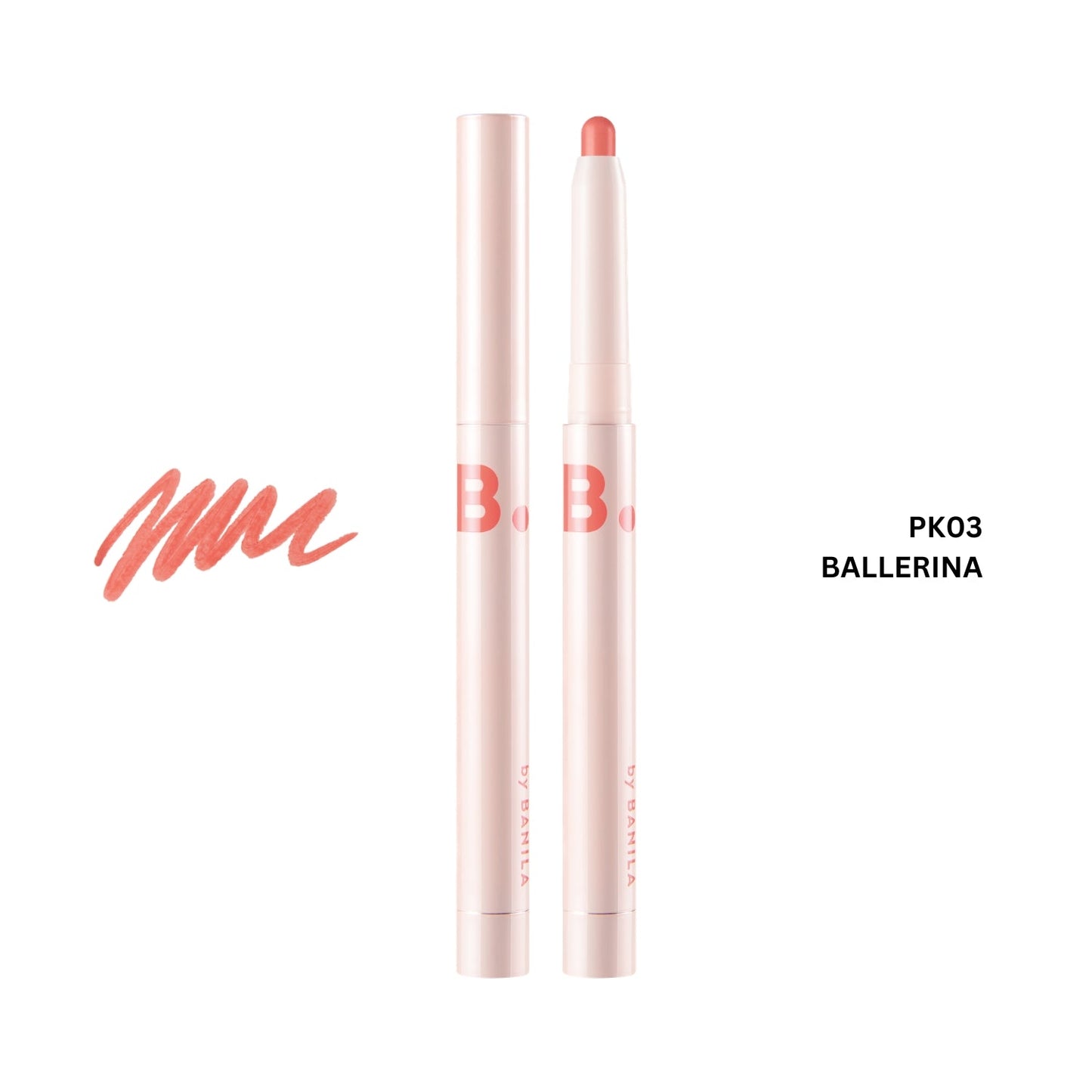 Banila Co B. By Banila Smudging Lip Pencil lip liner in PK03 shade, showing a close-up of the pencil tip and swatched color.