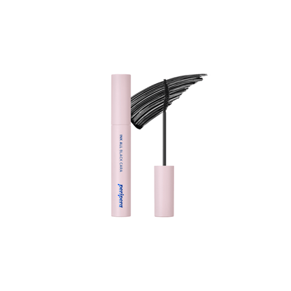 Peripera Ink All Black Cara mascara wand with black mascara formula, showing thick, lengthening brush and smooth application.