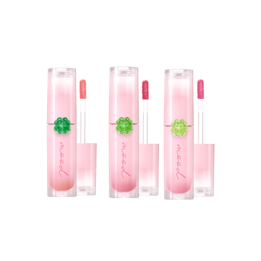 Peripera Ink Mood Glowy Tint Lucky Lottery lip tint in a vibrant shade, showing the glossy, tinted lips with the product packaging.