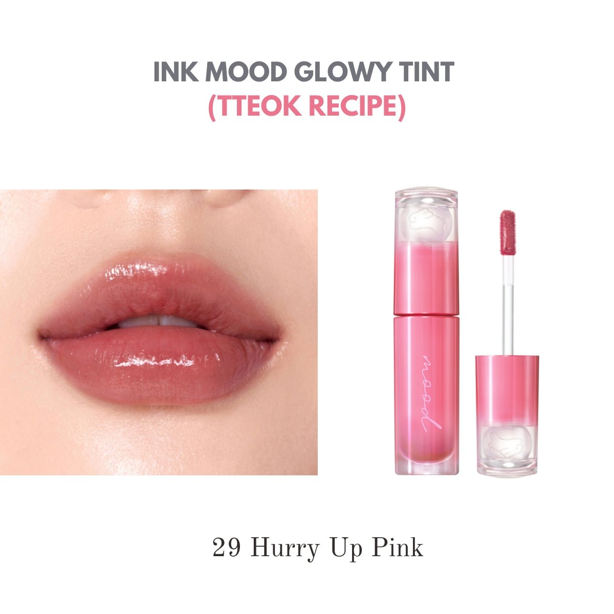 Peripera Ink Mood Glowy Tint Tteok Recipe lip tint in a small, glossy tube with a vibrant pink color and clear branding.