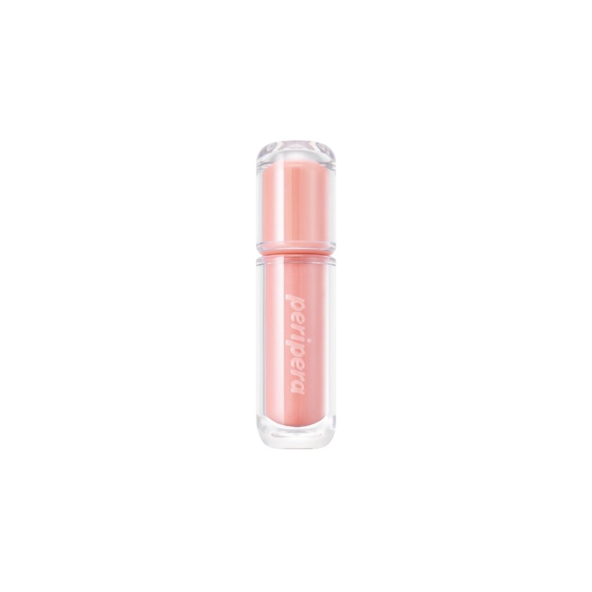 Peripera Mood Glowy Tint lip tint in a sleek tube, showcasing the vibrant coral shade and glossy finish.