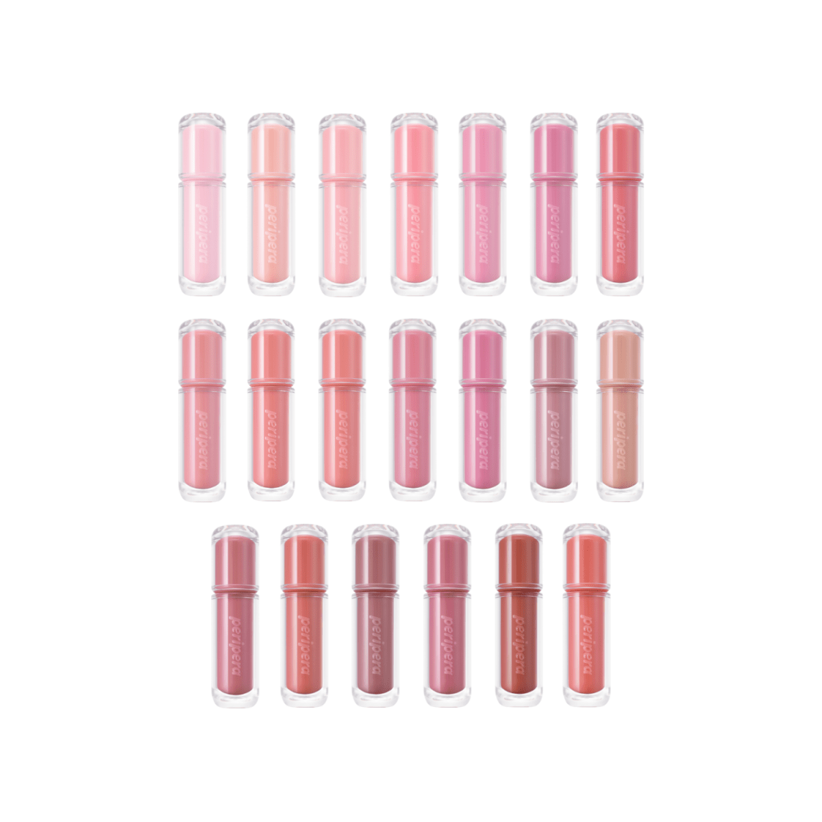 Peripera Mood Glowy Tint lip tint in a soft, natural shade, showing a close-up of the tinted lips with a glossy finish.