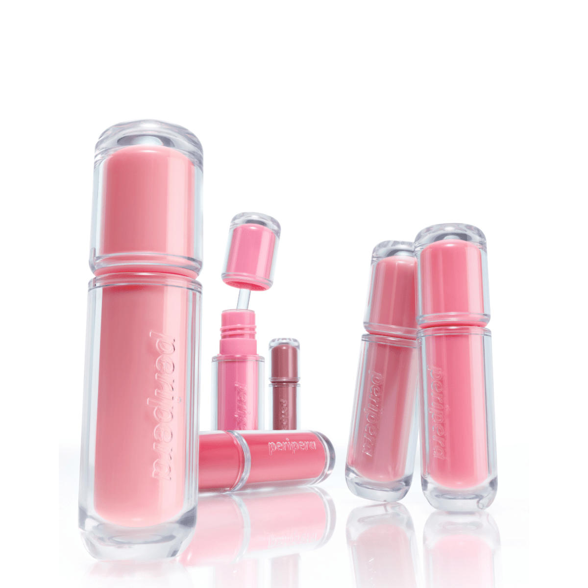 Peripera Mood Glowy Lip Tint in a sleek tube, showing a vibrant pink shade and glossy finish on the applicator.