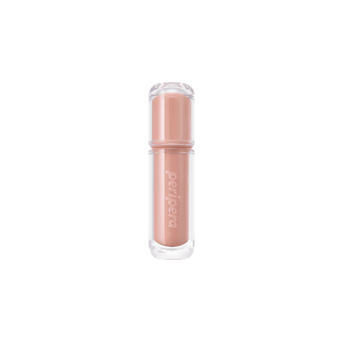 Peripera Mood Glowy Tint lip tint in a soft pink shade, showing a close-up of the tinted lips with a glossy finish.