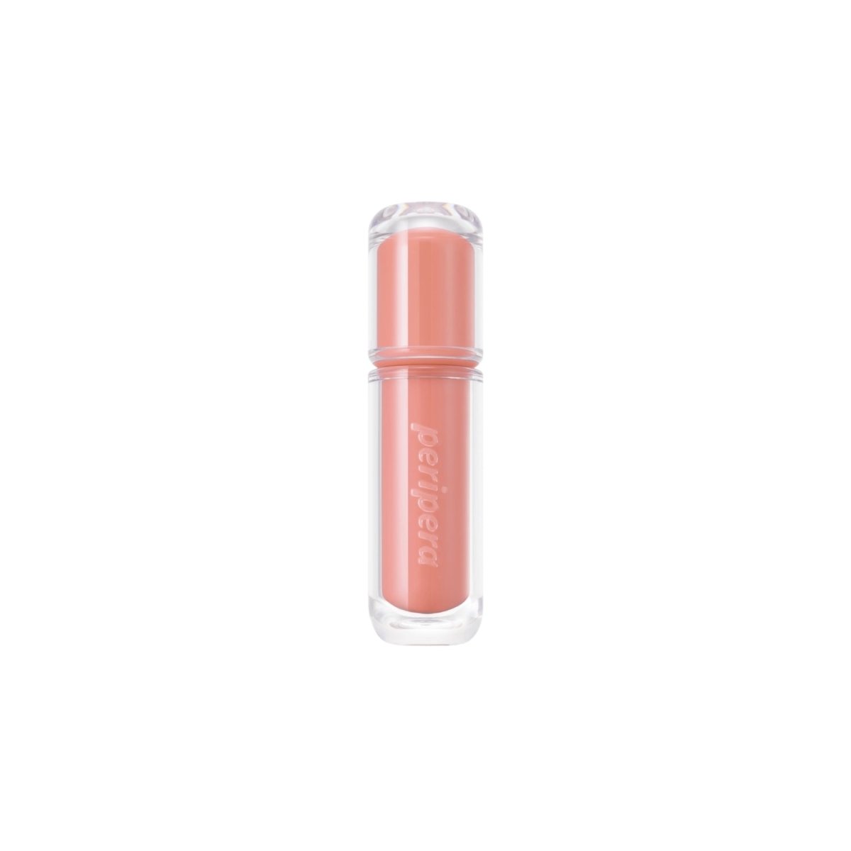 Peripera Mood Glowy Tint lip tint in a soft pink shade, showing a close-up of the tinted lips with a glossy finish.