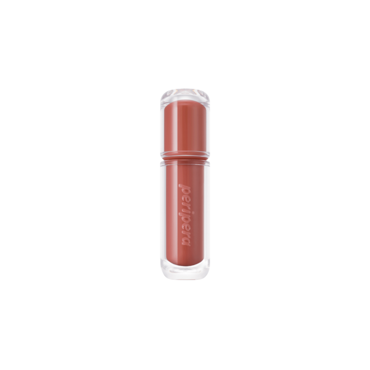 Peripera Mood Glowy Tint lip tint in a soft pink shade, showing the tube and applicator with glossy finish.