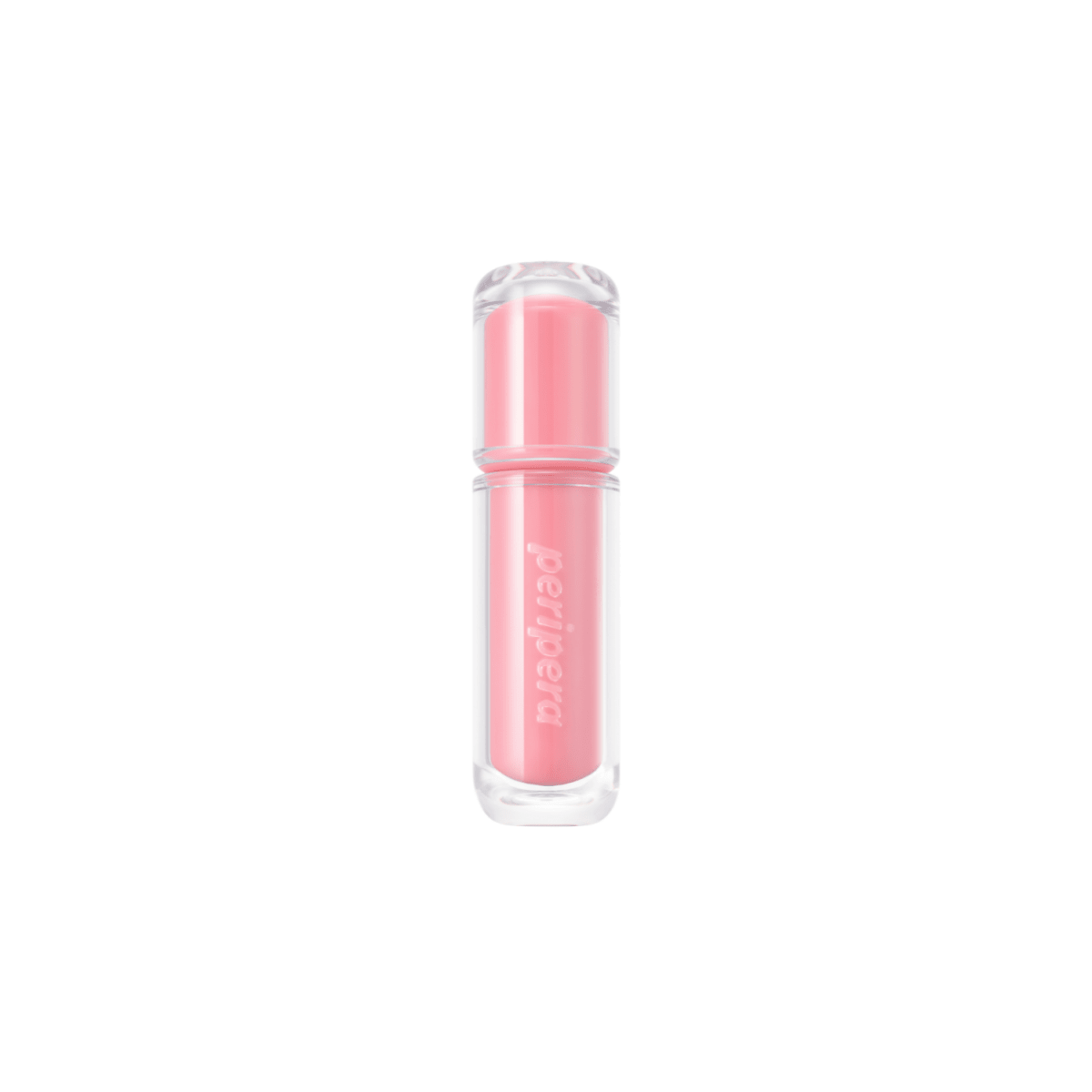 Peripera Mood Glowy Tint lip tint in a soft, natural shade with a glossy finish, showcasing its applicator and vibrant color.