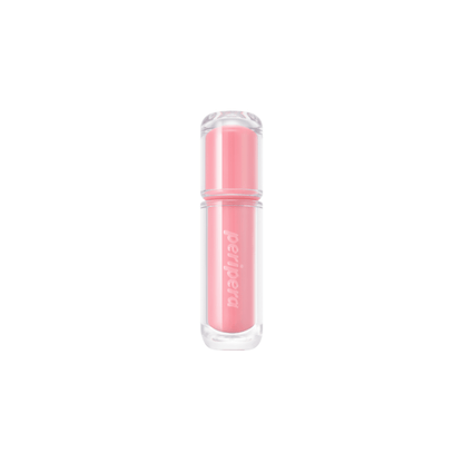Peripera Mood Glowy Tint lip tint in a soft, natural shade with a glossy finish, showcasing its applicator and vibrant color.
