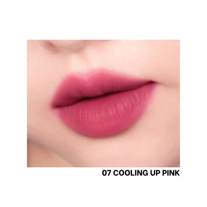 Peripera Over Blur Tint lip tint in soft pink with smooth, blurred finish and glossy texture, applied on lips.