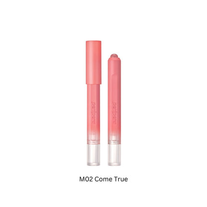 Peripera Slip On My Lip lipstick in vibrant shade, with sleek packaging and smooth application visible in the image.