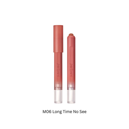 Peripera Slip On My Lip lipstick in a sleek tube, showcasing vibrant color and smooth texture for a natural, effortless look.