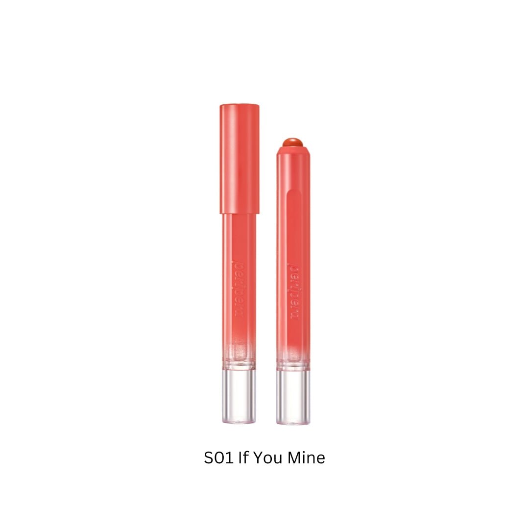 Peripera Slip On My Lip lipstick in a smooth, creamy shade, displayed in a sleek tube with the cap off revealing the product.