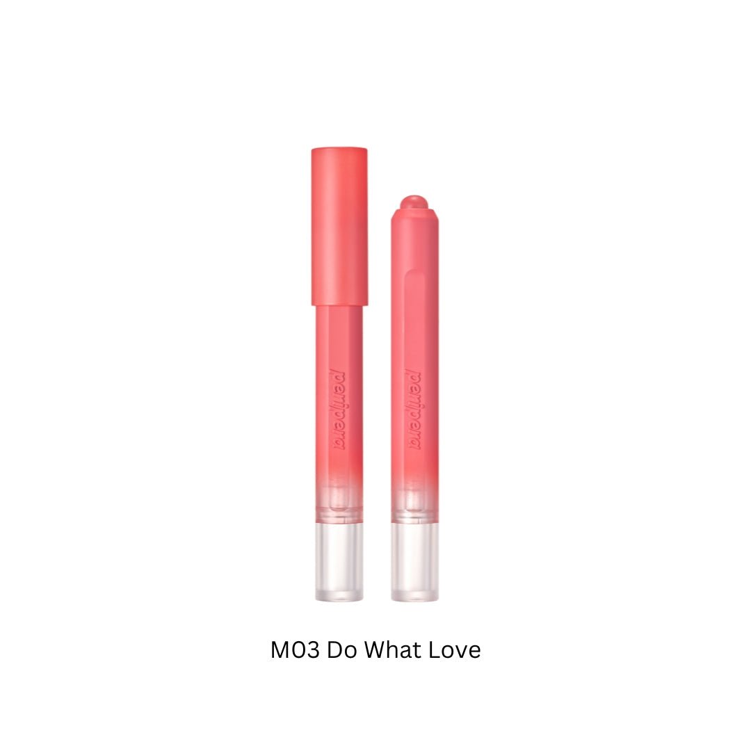 Peripera Slip On My Lip lipstick in a sleek tube, featuring vibrant pink packaging and the lipstick partially extended.