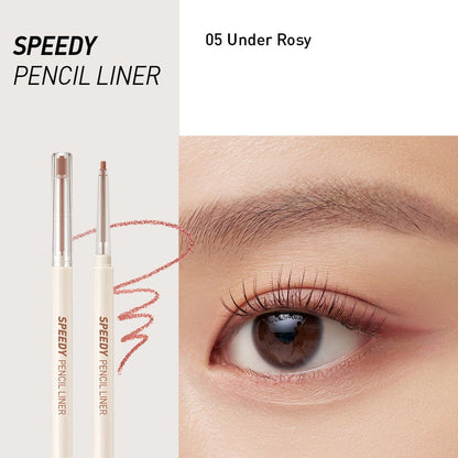Peripera Speedy Pencil Gel Eyeliner in black, showing the sleek pencil with the product name and an open cap revealing the gel tip.