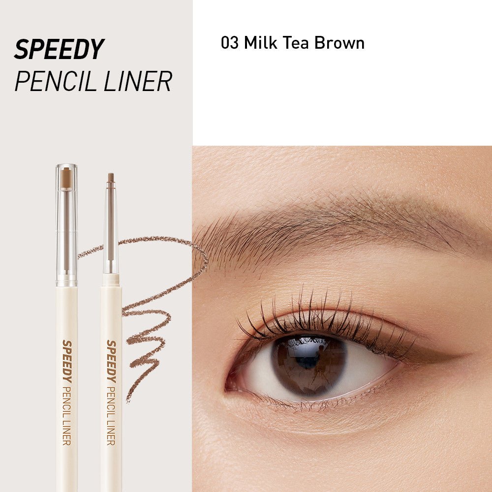 Peripera Speedy Pencil Gel Eyeliner in black, showing the pencil with the cap removed and swatched on skin for precise application.