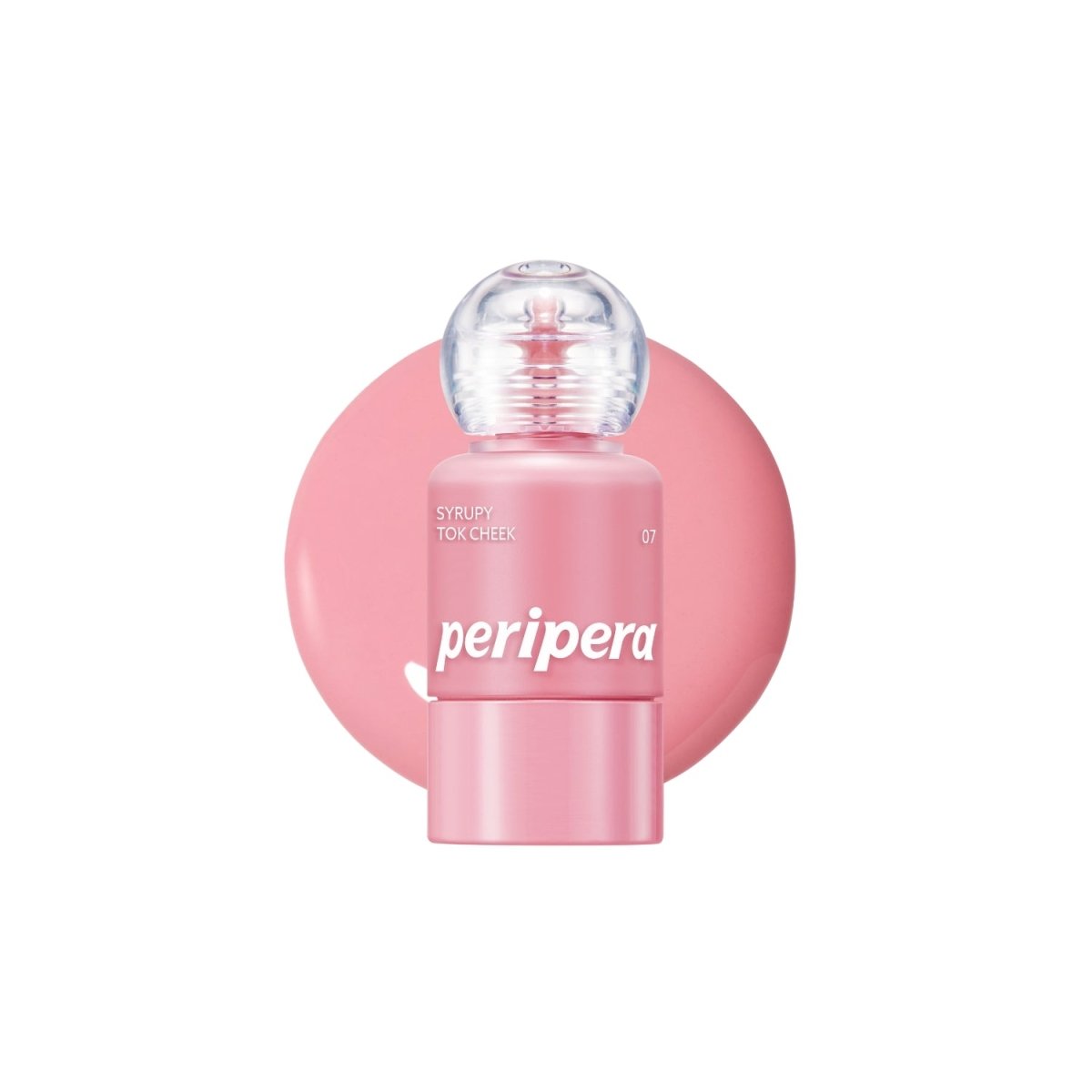 Peripera Syrupy Tok Cheek blush in a vibrant, glossy pink shade, displayed on a makeup model's cheek for a natural, luminous look.