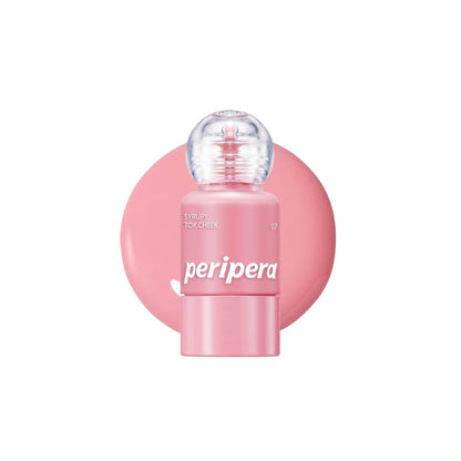 Peripera Syrupy Tok Cheek blush in a vibrant, glossy pink shade, displayed on a makeup model's cheek for a natural, luminous look.