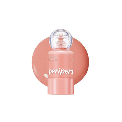 Peripera Syrupy Tok Cheek blush in a creamy, pink shade with a glossy finish, shown in a close-up image.
