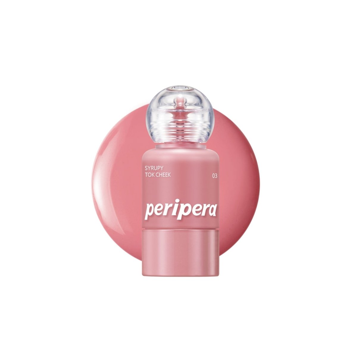 Peripera Syrupy Tok Cheek blush in a soft, creamy formula with a pink tint, displayed in a compact container.