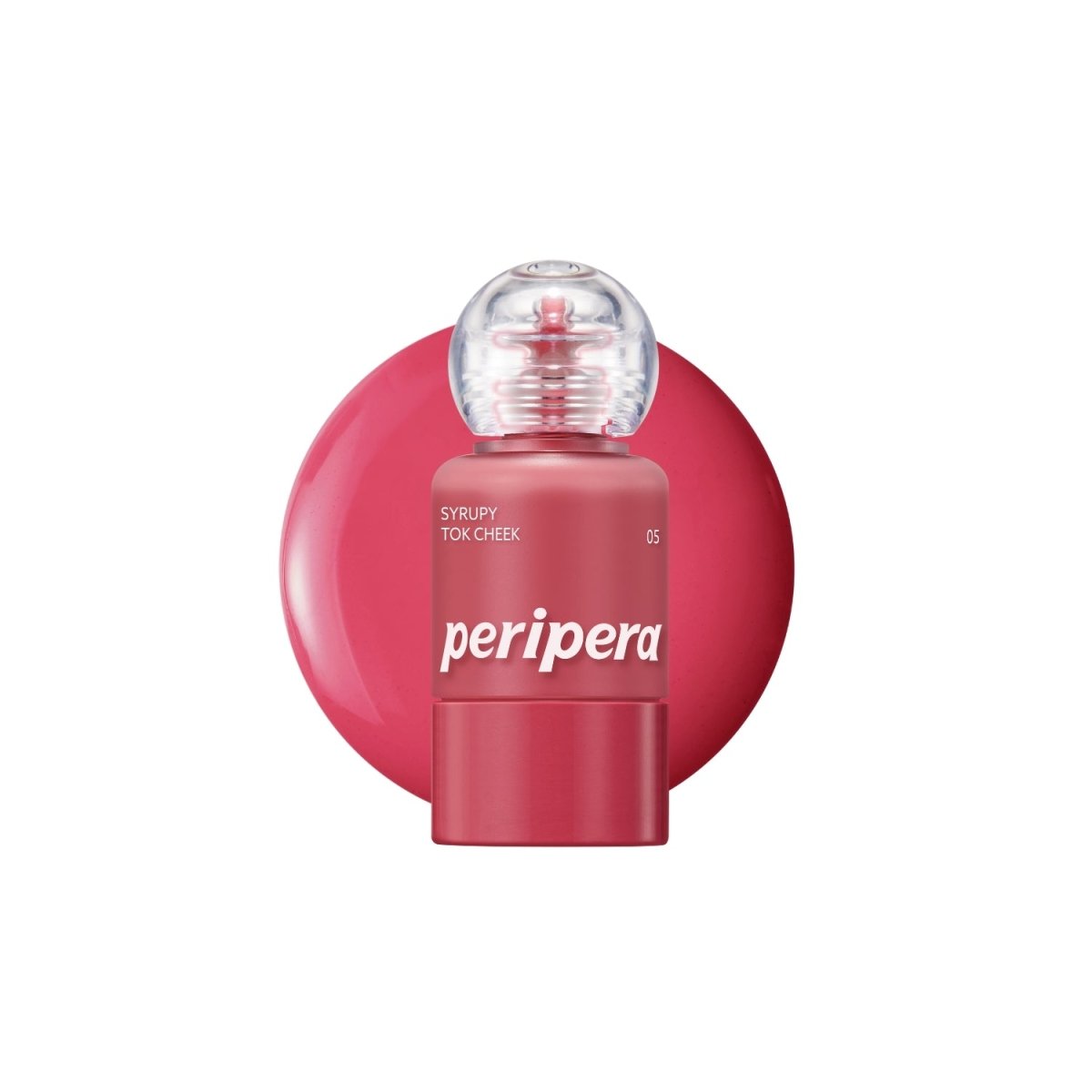 Peripera Syrupy Tok Cheek blush in a soft, glossy pink shade, shown on a model's cheek for a natural, radiant glow.
